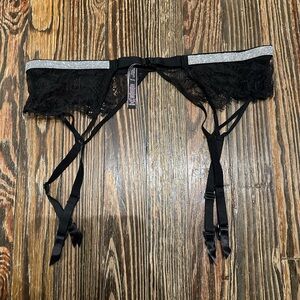 Victoria's Secret SHINE Black Lace Garter Belt with Silver RHINESTONE BELT